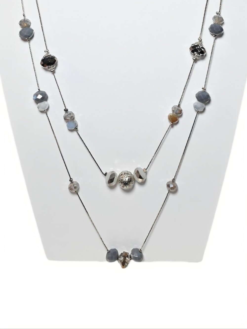 Multi-Tone Faceted Gray & Iridescent & Silver Bead Two Strand Long Necklace